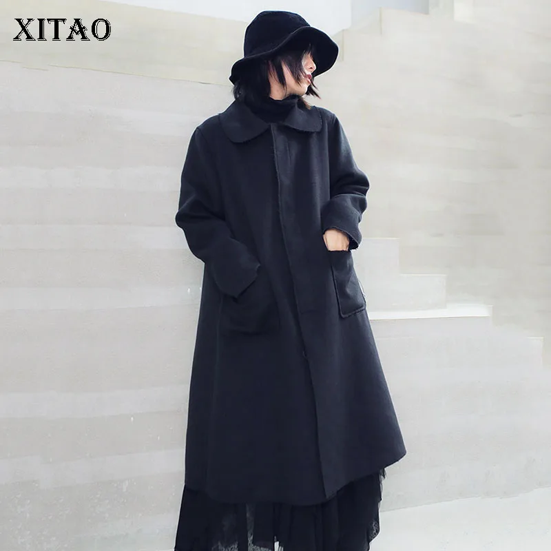 

XITAO Vintage High Waist Irregular Blend Women Fashion New 2019 Autumn Single Breast A Line Pocket Black Long Blend WLD2753