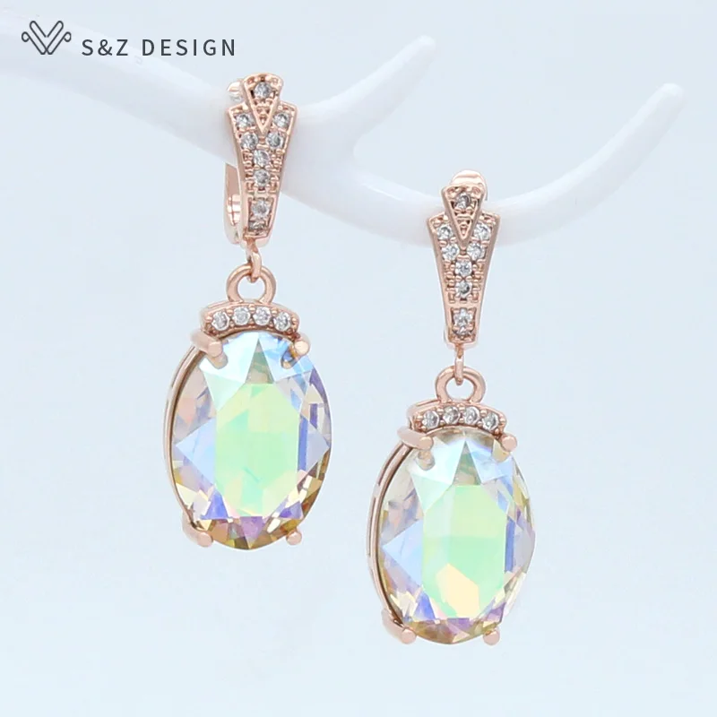 S&Z DESIGN New Fashion Oval Large Crystal Dangle Earrings For Women Wedding Luxury 585 Rose Gold Color Zirconia Jewelry