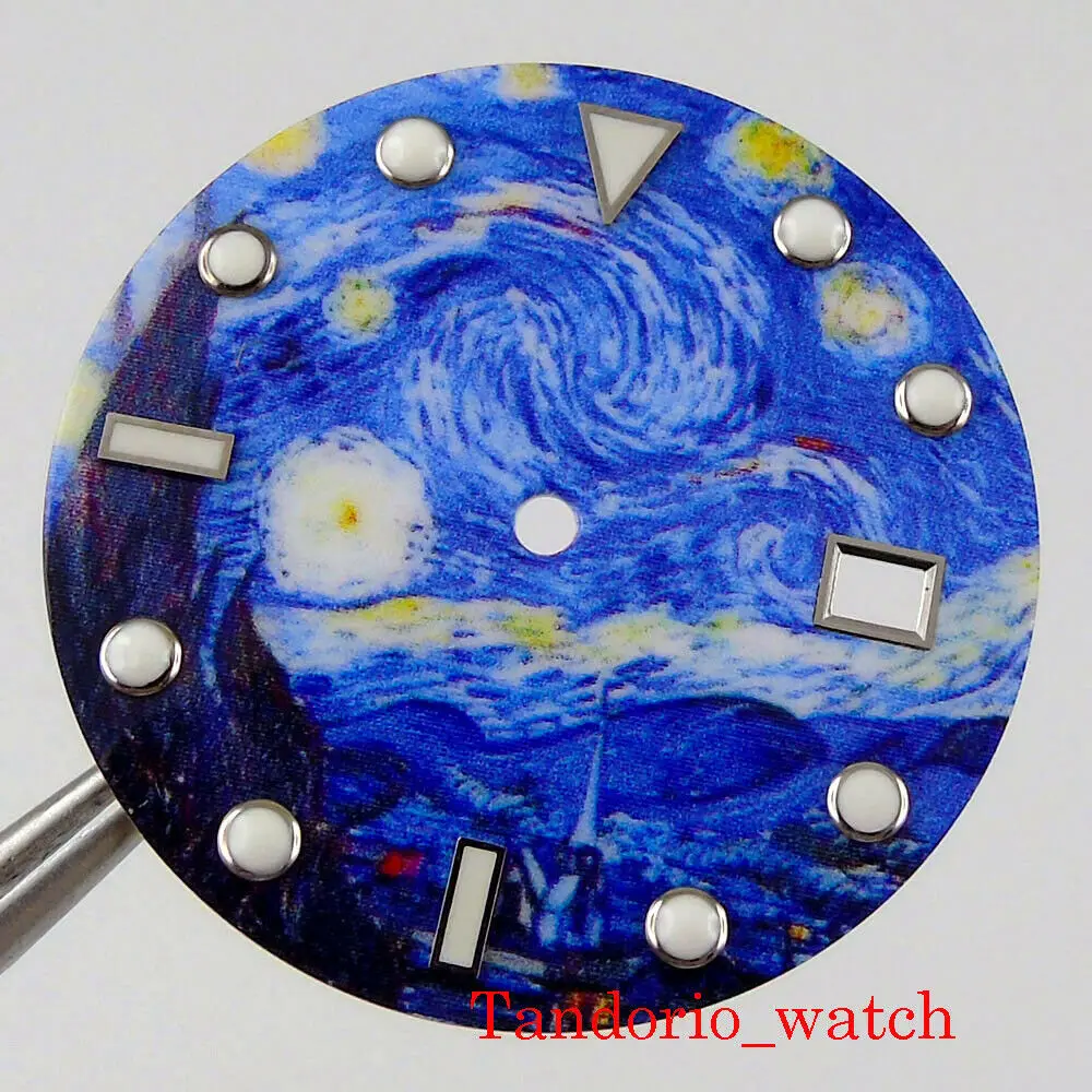 

31mm Blue Starry Sky Island Watch Dial Silver Edge Marks Date Window Fit for NH35A Automatic Movement