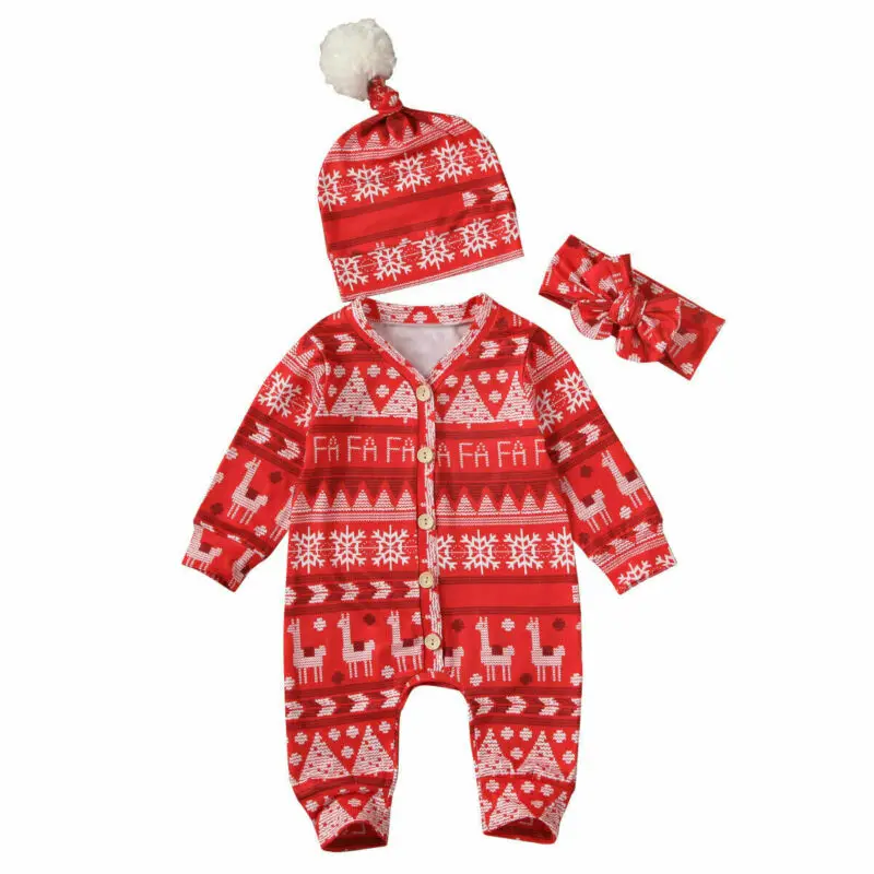 

Xmas Newborn Baby Boys Girls Romper Long Sleeve Headband Hat Outfits Clothes 3Pcs
