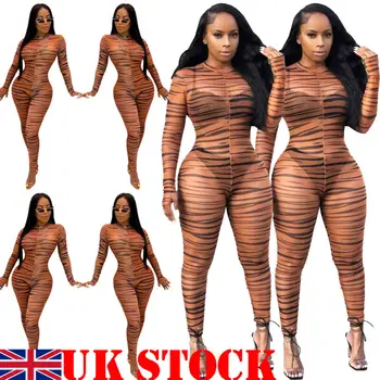 

Sexy Women Long Sleeves Perspective Mesh Sheer Print Bodycon Club Party Casual Long Jumpsuit Romper Trousers Casual