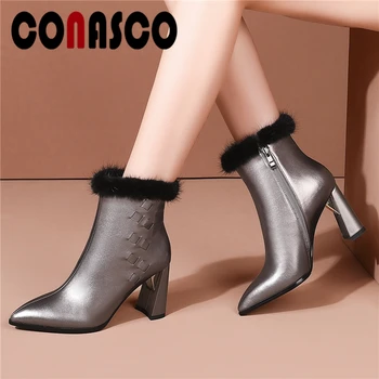 

CONASCO Basic Elegant Mature Ankle Boots For Women Autumn Winter Genuine Leather High Heels Shoes Woman Office Lady Zipper Boots