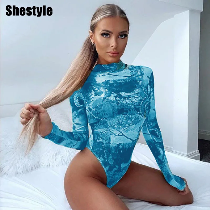 Shestyle-Body de malla para mujer, Top Sexy con dibujo de dragón, transparente, cuello falso, venta al por mayor, elegante, 2021