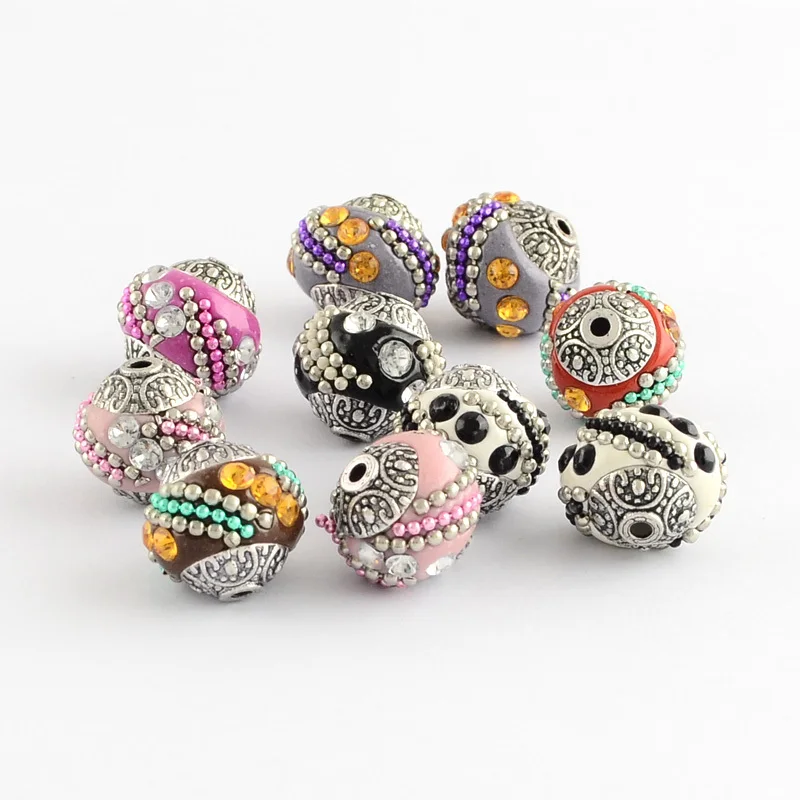 buy 10pc 15mm Round Handmade Indonesia Beads with Rhinestones and Alloy Cores Antique Silver Metal Color Mixed Color for DIY Jewelry