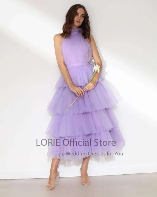 LORIE Baby Blue Prom Dresses High Neck Tiered Tulle Tea Length Backless Summer Arabic Wedding Party Gown Graduation Dress 2021 purple