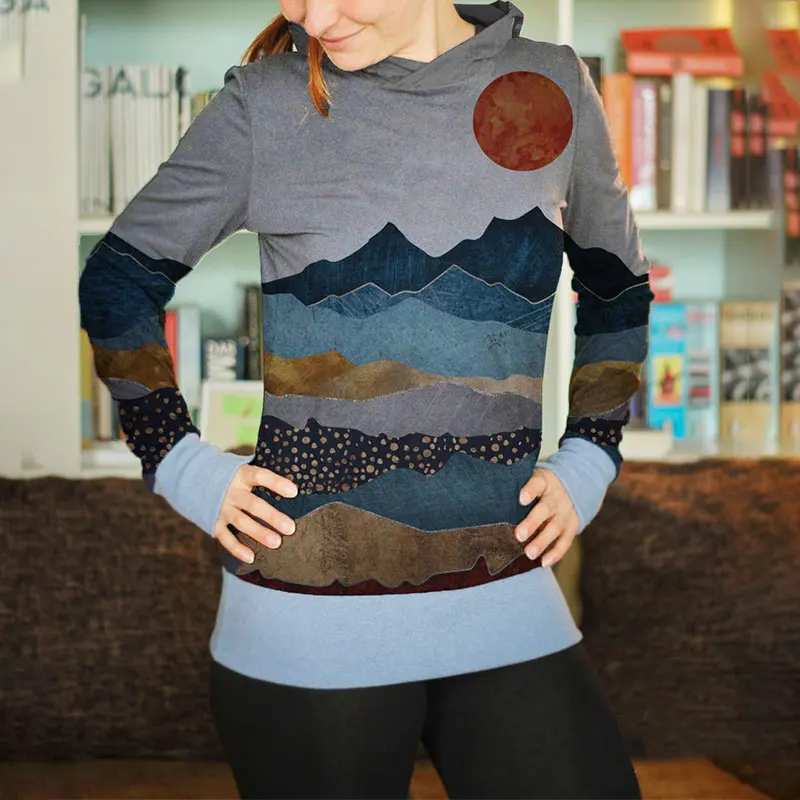 

Autumn Winter Casual Landscape Printed Hoodies Women Long Sleeve Warm Pullovers Tops Female Patchwork Retro Harajuku Sweatshirts