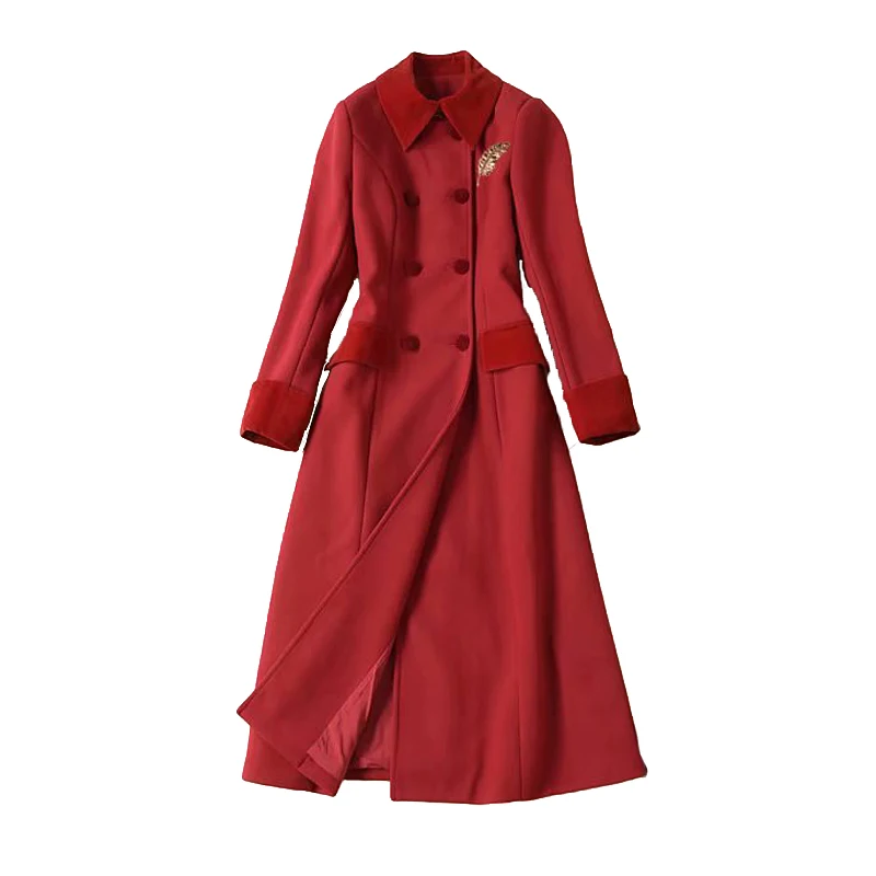 Kate Middleton бархатное двубортное красное шерстяное пальто с длинным рукавом, длинное приталенное пальто, высокое качество, новинка, для женщин