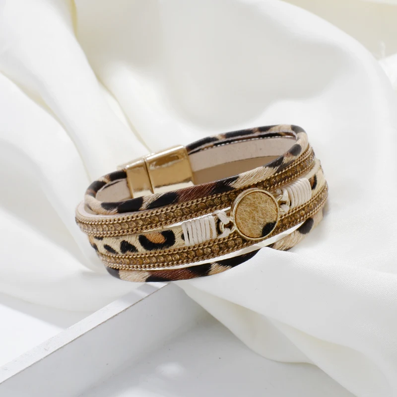 Amorcome Bohemian Leopard Leather Bracelets For Women 2019 Fashion Bracelets & Bangles Crystal Wide Wrap Bracelet Jewelry - Image 3