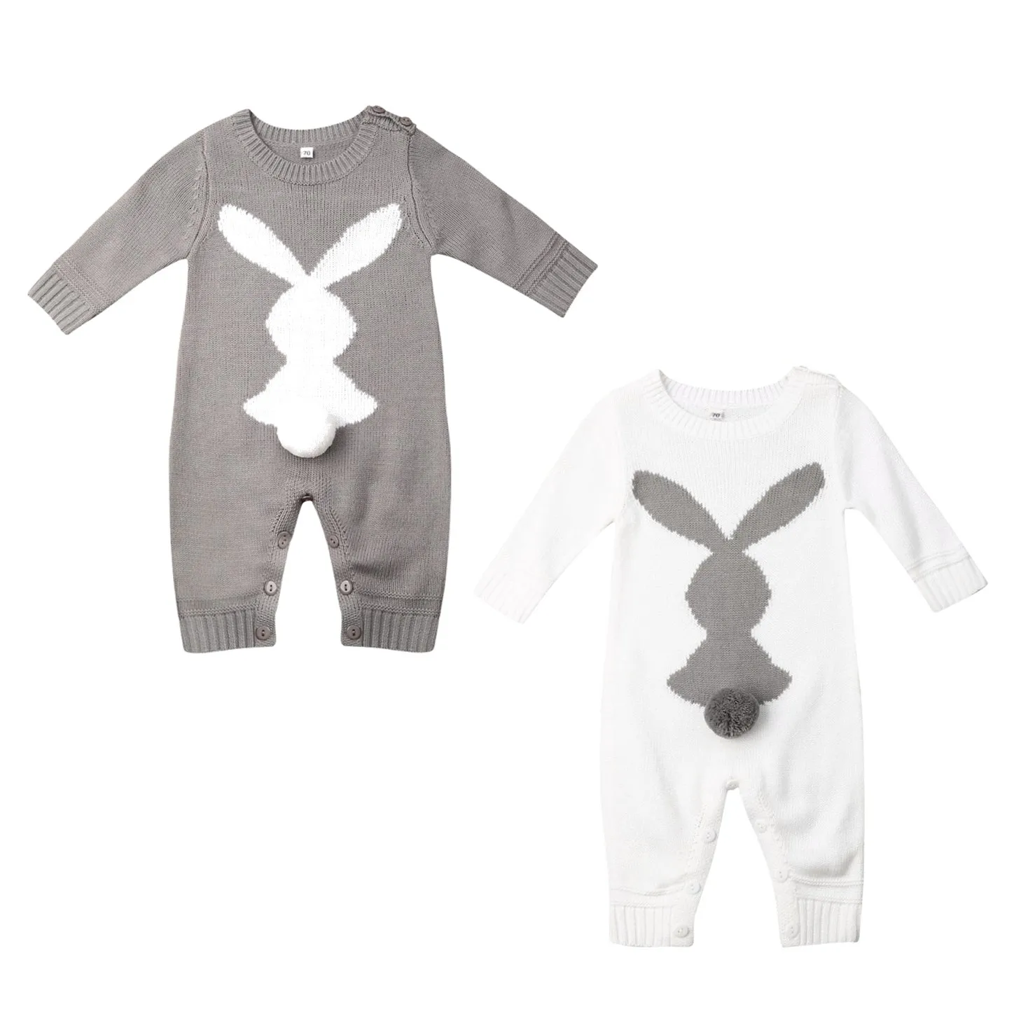 

2020 New Fall Autumn 0-24M Newborn Baby Boy Girl Knitted Bunny Fur Ball Tail Romper Long Sleeve Winter Cute Rabbit Outfit