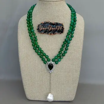 

19''-20'' 2 rows Green Agate Necklace White Keshi Pearl Cz pendant