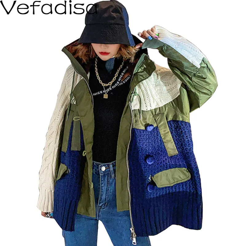 Vefadisa Black Green Plus Size Patchwork Hooded Women Sweater 2020 Fall Stitching Color Knitting Coat Cardigans QYF3878 |