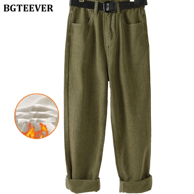 

BGTEEVER Spring Warm Thicken Women Jeans Pants High Waist Straight Female Loose Denim Pants With Belt 2 Style Thickness