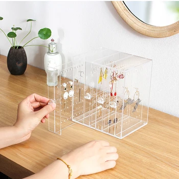 

Clear 4 Vertical Drawers Earring Necklace Display Stand Organizer with 184 Holes & 66 Hanging Gears Jewelry Hanger Storage Box