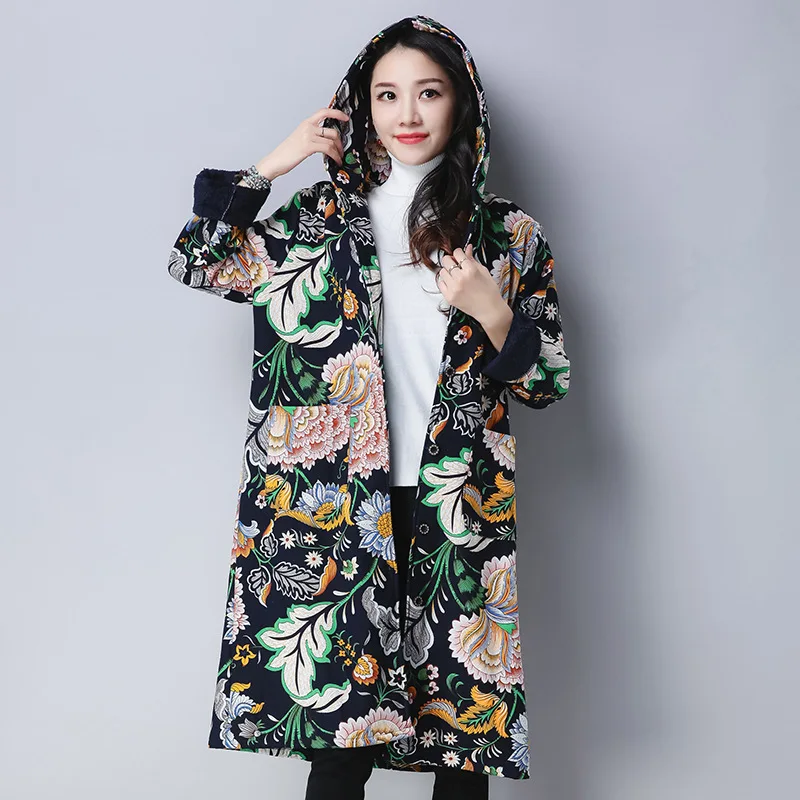 

3510 Photo Shoot 2018 Autumn And Winter Ethnic-Style Hooded Lengthen plus Velvet Thick Long Sleeve Cotton Linen Cotton Overcoat
