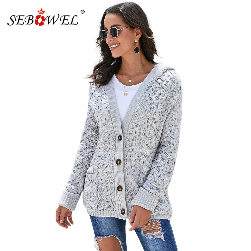 

SEBOWEL 2019 Autumn Spring Ribbed Knit Hooded Cardigan Woman Sweater Jumper Button Female Loose Sweaters Knitwear Coat Pockets