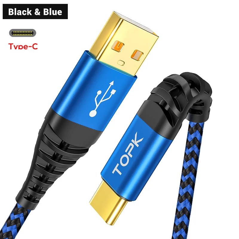 Кабель TOPK usb type-C для быстрой зарядки для samsung S9 S10 Plus, зарядный шнур для мобильного телефона, кабель type-C для Xiaomi redmi note 7 8 10 - Цвет: Blue