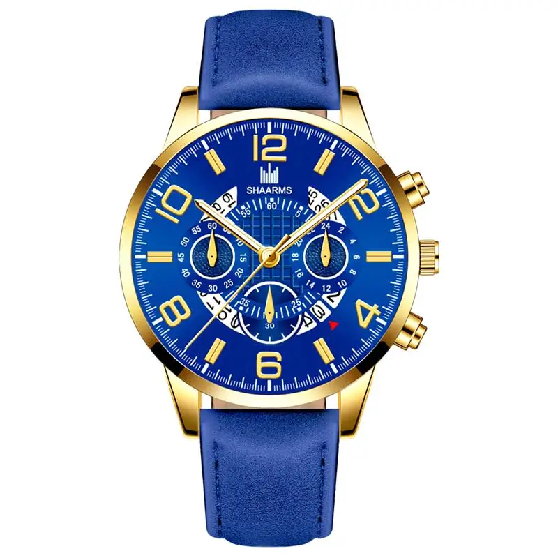 Blue Gold Мужские наручные часы, чехол из нержавеющей стали, кожаный ремешок, кварцевые аналоговые часы, модные повседневные наручные часы, мужские часы - Цвет: Blue Gold