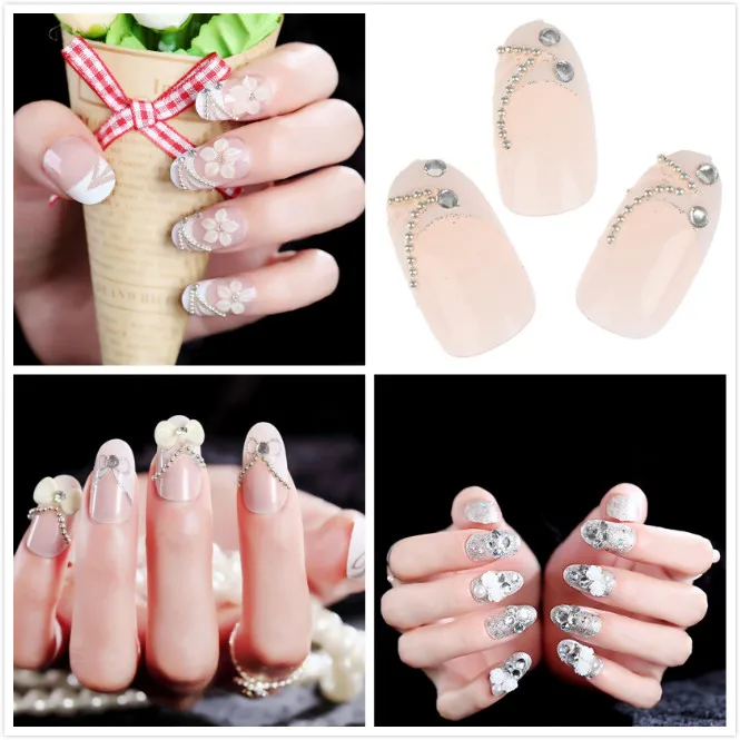 24pcs Shining Rhinestone Wedding False Nails Transparent Glitter Gems Flower Long Artificial Nail Full Tips False Nail