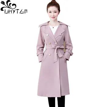 

UHYTGF female coat fashion Double Breasted spring autumn trench coat Lapel loose elegant 4XL Plus size top Windbreaker women 599