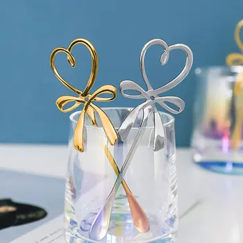 

Bow Knot Heart Shaped Mini Coffee Spoon Tea Dessert Spoon Hanging Spoon Glod Silver Spoon Stainless Steel Flatware