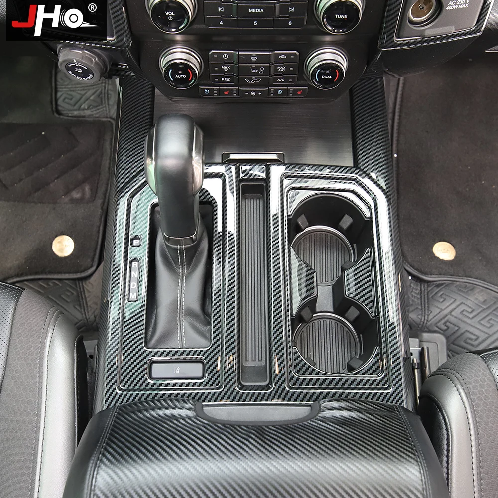 

JHO Plastic Carbon Grain Gear Shift Cup Holder Panel Overlay Cover Trim for Ford F150 2017-2020 Raptor 2019 2018 Car Accessories