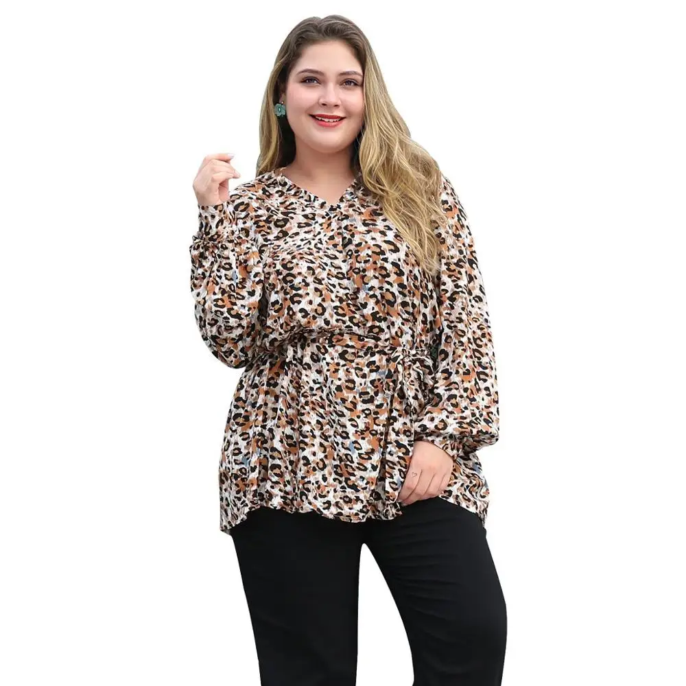 

WHZHM Autum Long Plus Size 3XL 4XL Blouse Ladies Long Puff Sleeve Leopard Printed Spring V-Neck Elegant Sashes Shirt Women