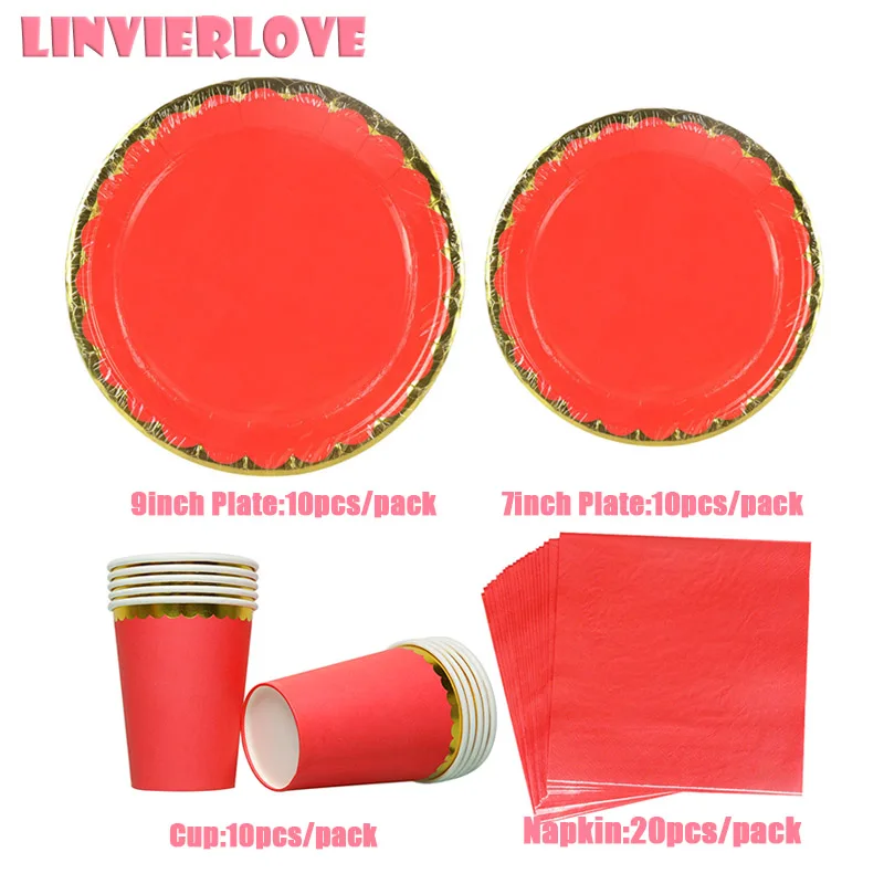 

LINVIERLOVE Red Round Golden Rim Paper Cup Plate Napkins For Birthday Wedding Solid Color Disposable Tableware Party Supplies