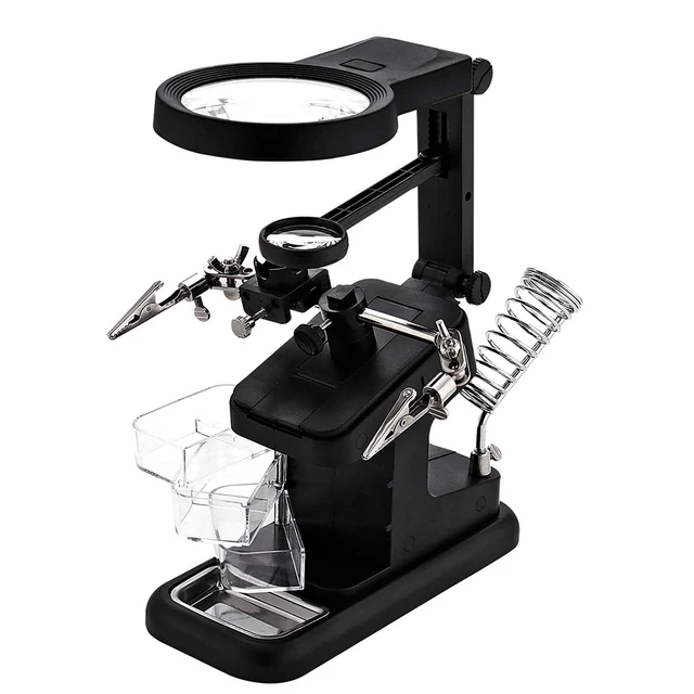 Soldering Iron Welding Magnifying Glass 2 LED 3X 4.5X 25X Helping Hand Rework Magnifier with 3 Tools Boxes Desk Station Repair FDJ004-1