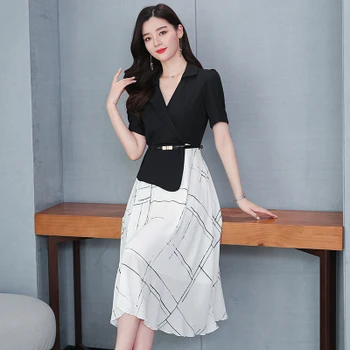 

2020 Free Shipping Women Fashionable French Style Midi Dresses Casual A-line Patchwork Sashes Formal Work Wear V-neck Plus Size