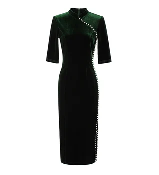 

Hot Sale Women Beaded Dress Fashion Velvet Designer Short Sleeve Split Dresses Z1202