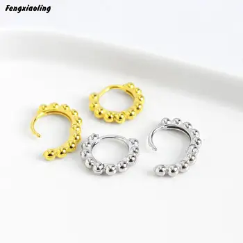 

Fengxiaoling 100% Real 925 Sterling Silver Simple Personality Round Beads Hoop Earrings For Women Fine Jewelry Cute Accessories
