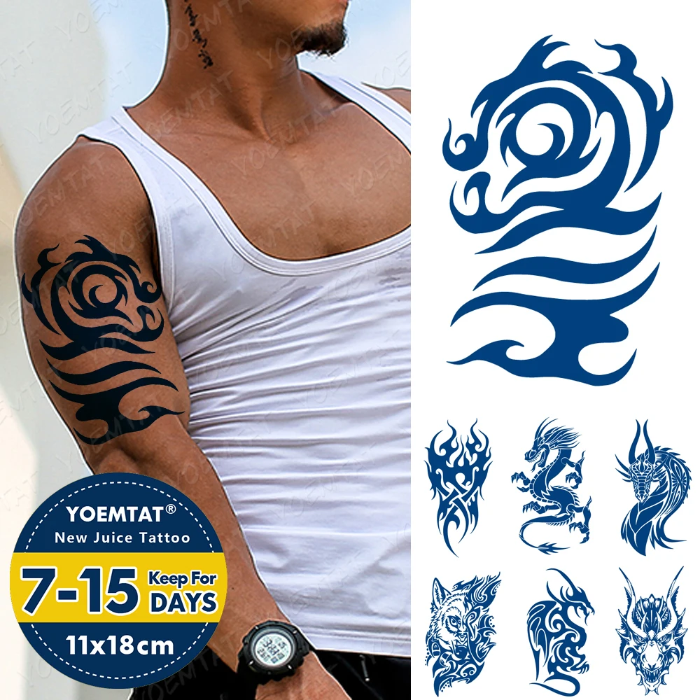 Juice Ink Tattoos Body Art Lasting Waterproof Temporary Tattoo Sticker Wolf Power Totem Tatoo Dragon Demon Arm Fake Tatto Men 3v 1a power adapter waterproof silver metal fake camera two aa battery led dummy camera ir led surveillance camera