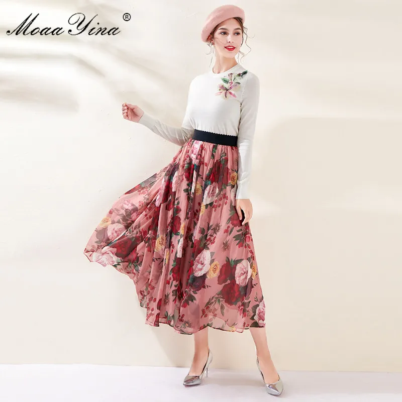 MoaaYina Летняя женская элегантная шифоновая юбка с цветочным принтом розы