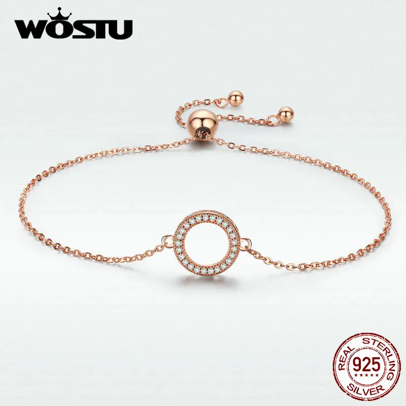WOSTU 925 Sterling Silver Rose Gold Bracelet Glittering Round Circle Zircon Chain Link For Women Fashion Jewelry BKB030-C