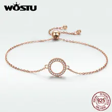WOSTU 925 Sterling Silver Rose Gold Bracelet Glittering Round Circle Zircon Chain Link For Women Fashion Jewelry BKB030-C