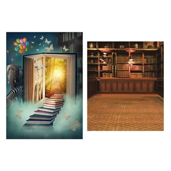 

2Pcs Photography Background:1Pcs Retro Study Library Books Shelf Photography Photo Background & 1Pcs Children Theme Book World E
