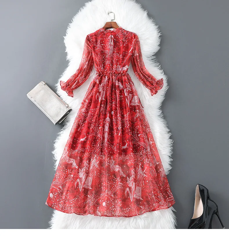 Женское шифоновое длинное красное платье с цветочным рисунком, с оборками, с воротником, с рукавом 3/4, с завязками на талии, платья в Корейском стиле, лето