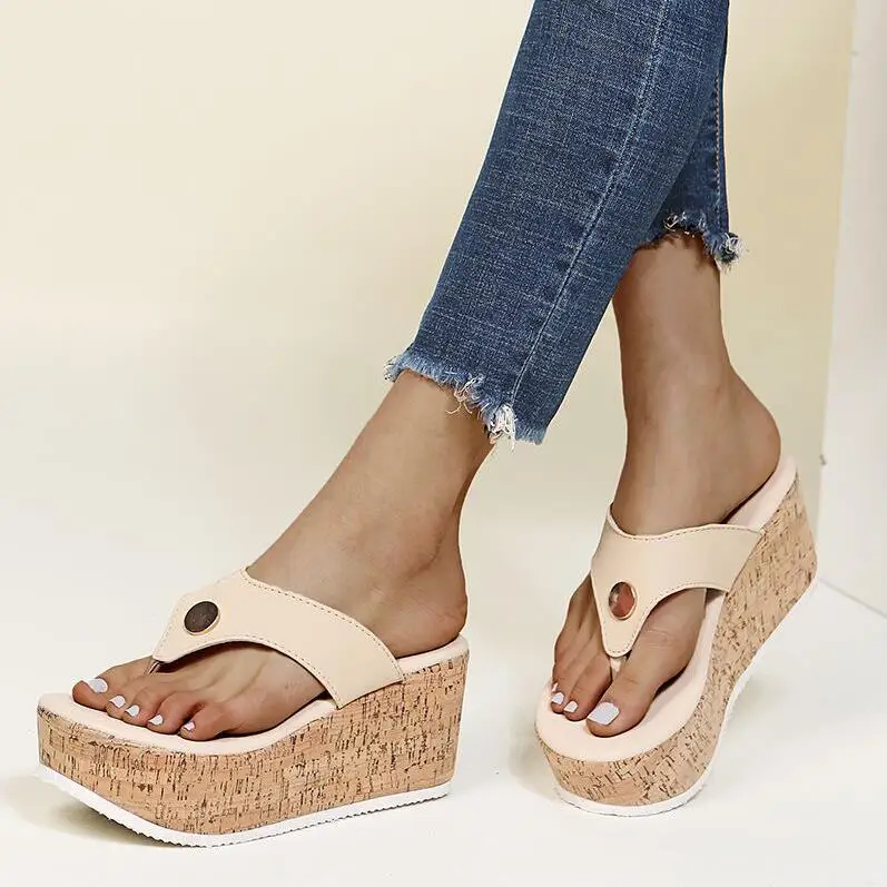 Plus size women’s beach wedge sandals with platform sole and open-toe summer design beige