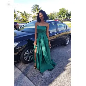 

Hunter Green Satin Prom Gown 2020 Strapless Maxi Long Dress with Side Slit A Line cheap Bridesmaid dresses Party dress