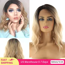 Perruque Bob Lace Front Wig synthétique X-TRESS naturelle, couleur Ombre Blonde, longueur aux épaules, Deep Invisible Side Part, perruque Lace Wig courte