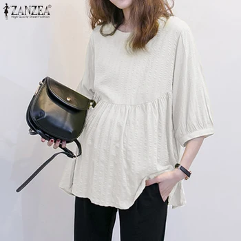 

S 5XL 2020 Summer Striped Shirt ZANZEA Fashion Pleated Party Blouse Women Solid Lantern Sleeve Tunic Tops Female Blusas Chemise