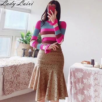 

New Spring Two Piece Set Women Elegant striped long sleeve Knitted Sweater+High Waist Lace Mermaid Skirt Ladies Outfits