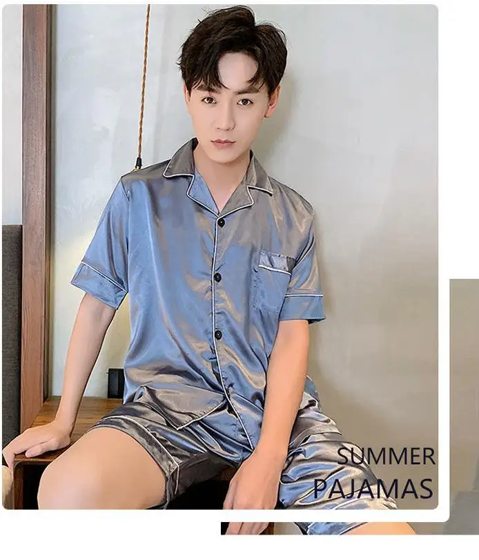 Satin Sleep Set Men's Pajamas Suit 2PCS Pyjamas Casual Sleepwear Summer New Short Sleeve Male Nightwear Home Clothing mens cotton pajama pants