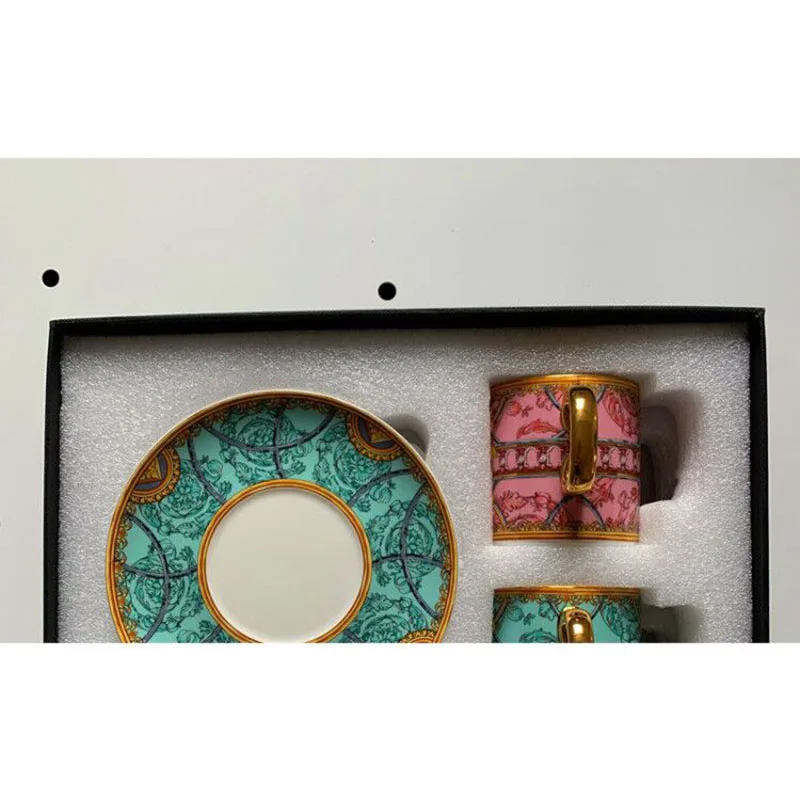 Elegant style catering bone china cup multi-style simple ceramic coffee cup and saucer dish with pattern set 2 set with box