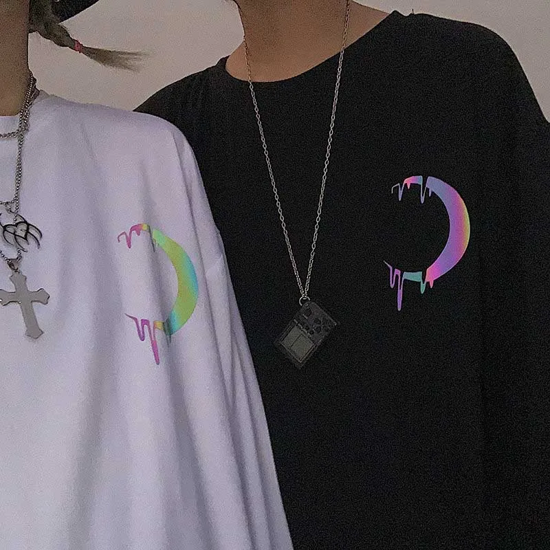 NiceMix Светоотражающая футболка в стиле панк с изображением Луны и радуги, контрастная свободная футболка с длинным рукавом, пуловер для женщин и мужчин, уличная одежда в Корейском стиле