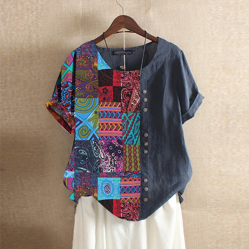 ZANZEA летняя рубашка с этническим принтом, Женская хлопковая льняная блузка с коротким рукавом, Женская богемная блуза, Повседневная винтажная туника, топы, сорочка