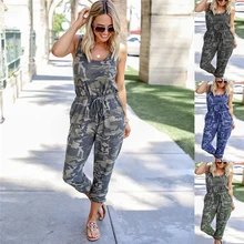 Camouflage Print Strap Jumpsuit Casaul O Neck Lace Up Women's Summer Pocket Jumpsuits Sleeveless Trousers Camo Rompers Overalls