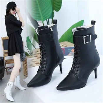 

Women Buckle Fashion High Heels Pointed Toe Ankle Boots Zipper Lace Up Ladies Leather Shoes Autumn Winter Warm Booties Black