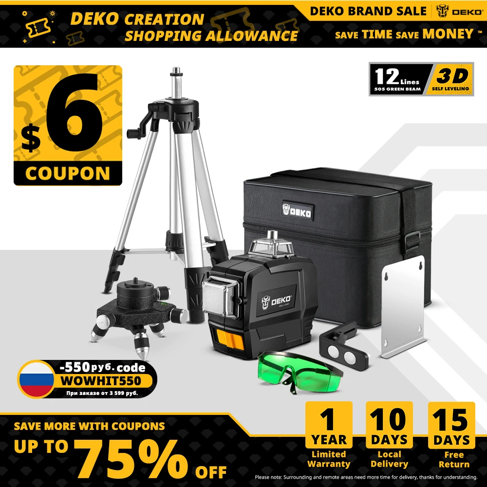 DEKO DC Series 12 Lines 3D Green Laser Level Horizontal And Vertical Cross Lines With Auto Self-Leveling, Indoors and Outdoors