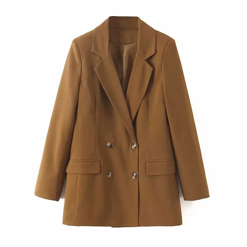 

Women Notched Double Breasted Camel Blazers Pockets 2019 Autumn Lady Suit Jacket Outerwear Office Ladies Work Wear Chic Tops